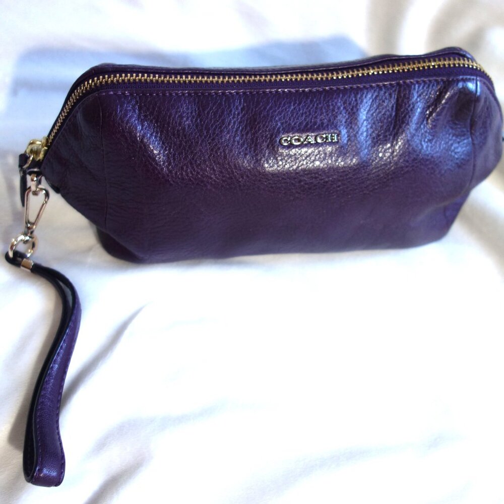 COACH purple pebble leather zip pouch wristlet 10" x 5" satin lining travel case - Picture 2 of 9